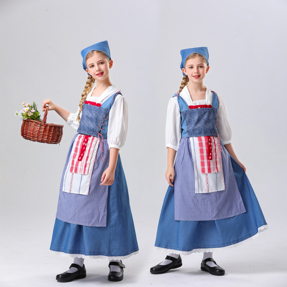 欧洲田园风农场女仆装话剧舞台演出服万圣节贝尔少女版儿童扮演服