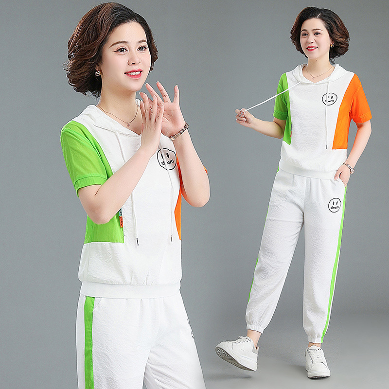 妈妈夏装运动服洋气短袖t恤两件套中老年人女装休闲套装夏季卫衣