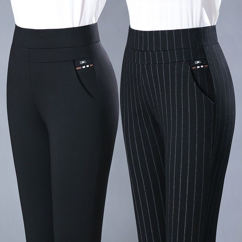 Middle-Aged Women's Pants Elastic High Waist Leggings Stretch Slimming outside Wear Versatile Mom Pants Casual Pants Striped