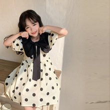 新款韩版童装波点灯笼袖女童气质连衣裙高级感蝴蝶结学院风娃娃裙
