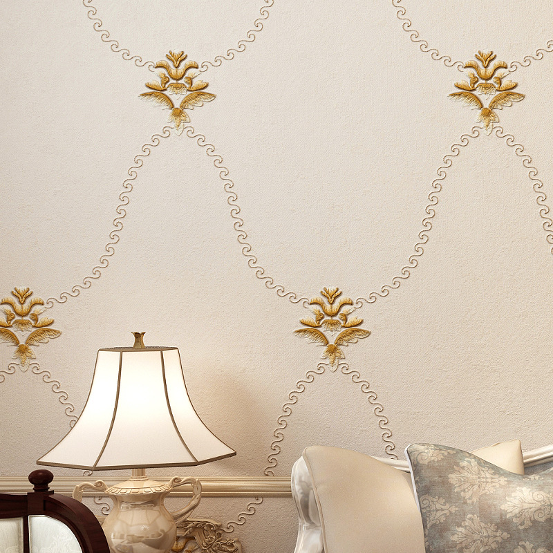 现代简约欧式小花4d立体刺绣无缝墙布客厅卧室背景墙温馨防水壁布