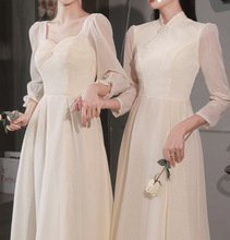 香槟色伴娘服2023春季新款长版仙气姐妹团礼服女显瘦小众平时可穿