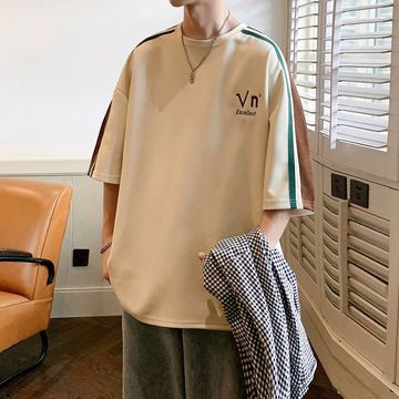 麂皮绒短袖t恤男夏季2024新款宽松潮牌撞色设计感小众五分袖上衣