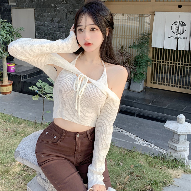 纯欲性感辣妹爱心钻扣镂空针织开衫外套 低胸短款吊带背心两件套-报价