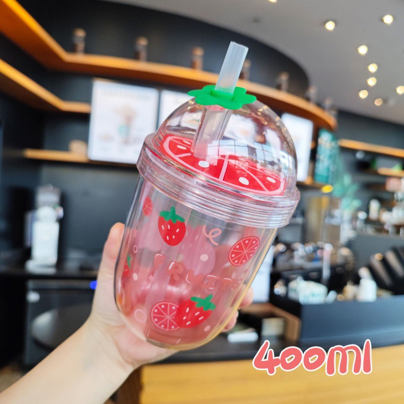 Creative New Online Celebrity Double-Layer Cup with Straw Plastic Thickened Juice Cup Trendy Cute Girl Heart Strawberry Watermelon Cover