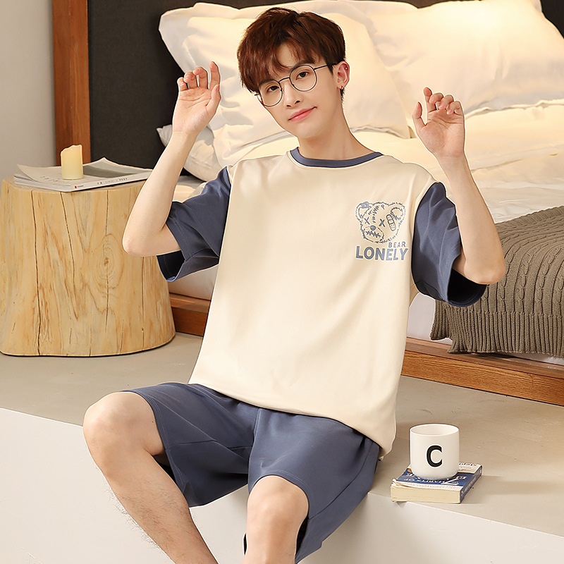 Summer Men's Short Sleeve Pajamas Purified Cotton Pajama Pants Boys Weight-Catcher Boy Summer Cartoon Junior High School Students Boys' Thin