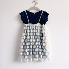 特价日系童装女孩连衣裙120-130中小童夏季飞袖网纱背带假两件