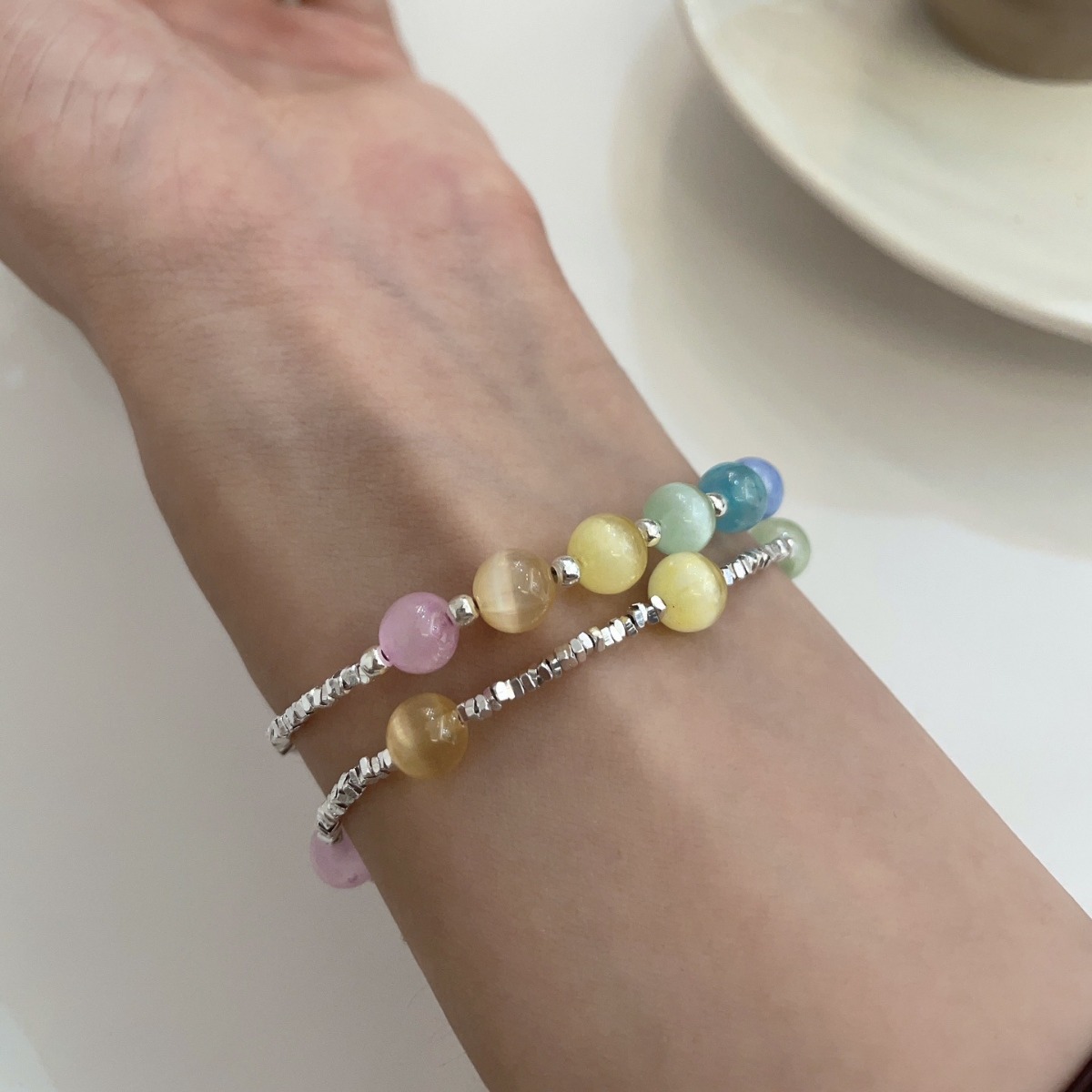 925纯银拉丝猫眼石碎银手链女夏日多巴胺情侣日常百搭手饰品新款