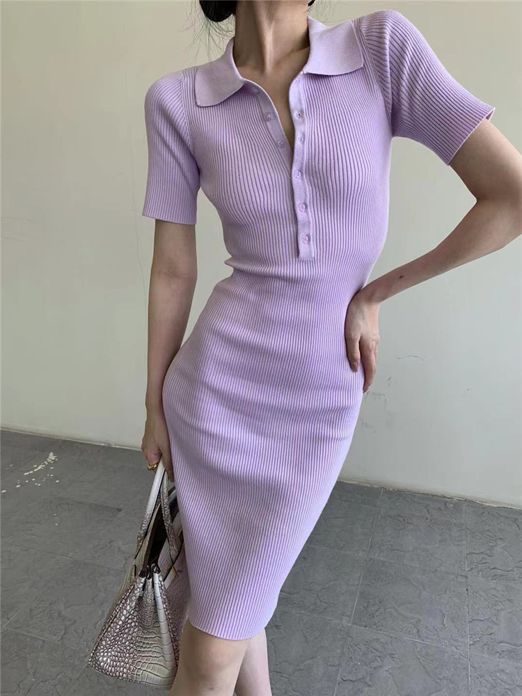 6290夏季浪漫法式复古烟熏紫色黑色翻领排扣修身显瘦中长款连衣裙