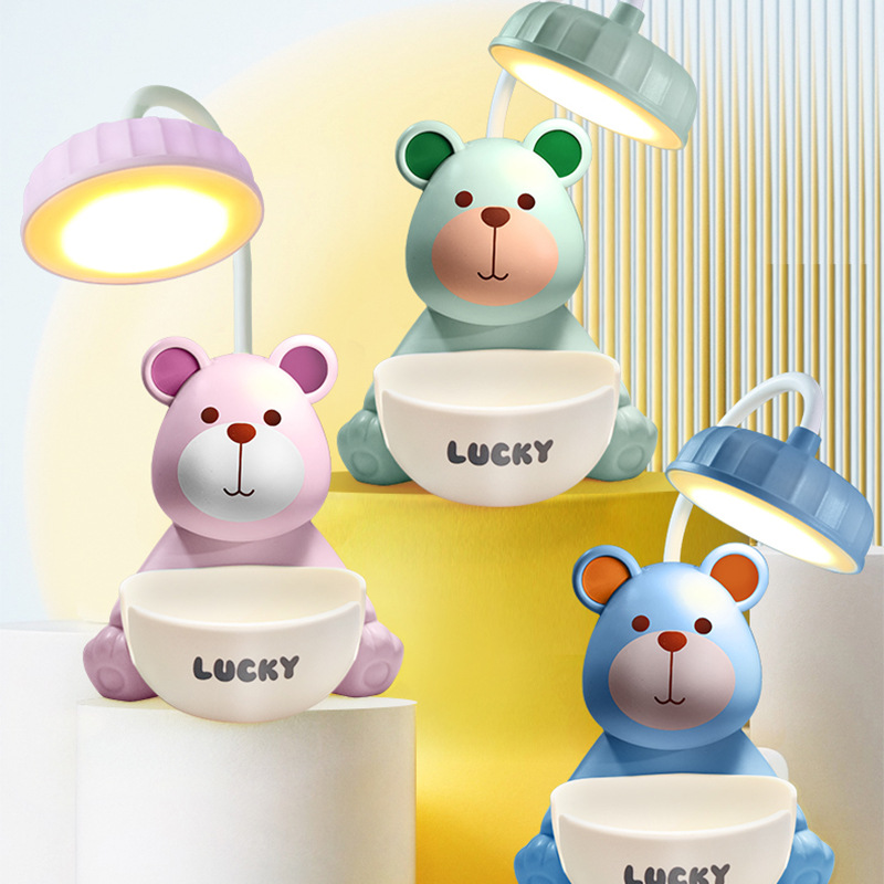 Cartoon Bear Table Lamp Hose Adjustable Angle with Pen Holder Storage Pencil Sharpener Children's Room Eye-Protection Reading Lamp