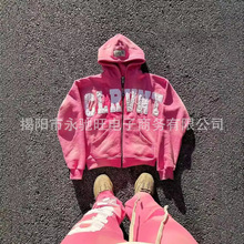 欧美街头嘻哈2024跨境新款字母印花开衫拉链帽衫青少年休闲卫衣男