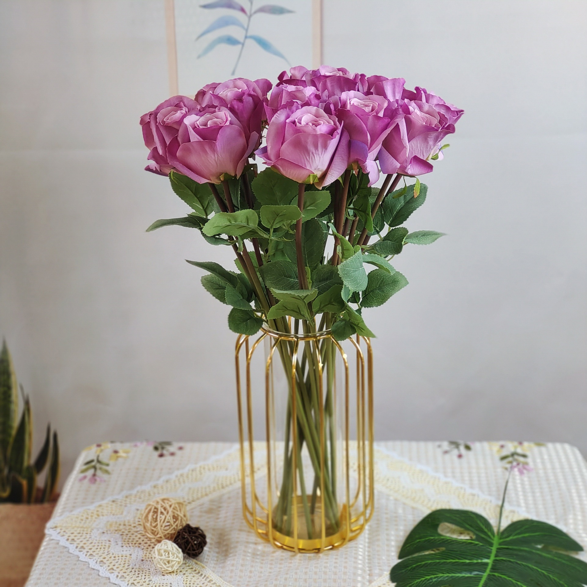 玫瑰仿真花巴洛克玫瑰8头把束假花家居客厅装饰花亚马逊外贸代发