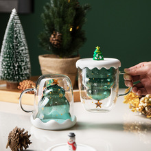 圣诞杯双层高硼硅玻璃杯带把带盖杯子家用ins杯子早餐杯新年杯子
