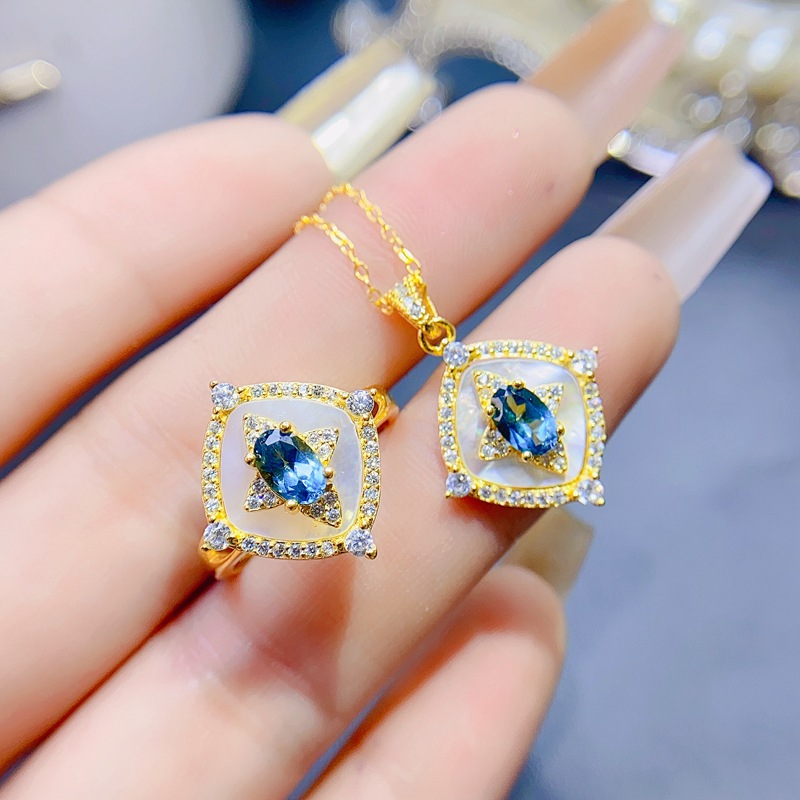 贝壳时尚天然伦敦蓝托帕石套装 925银爆款热销女士配件一件代发