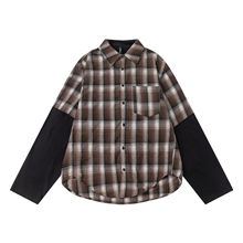美式潮流格子拼接长袖假两件独特别致衬衫男春季新款宽松衬衣外套