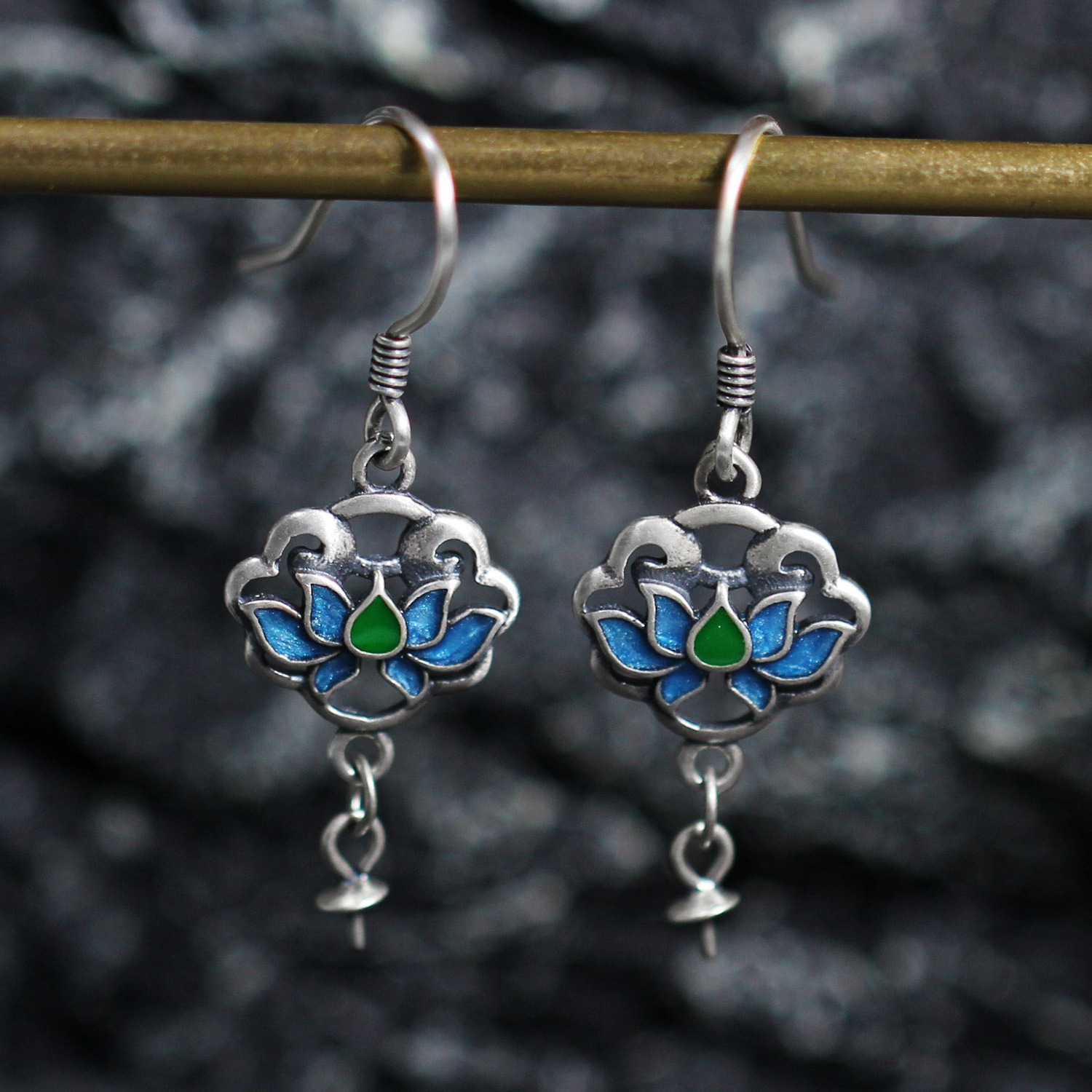 国潮925纯银复古莲花耳钩女民族风景泰蓝耳坠空托滴胶工艺diy耳饰