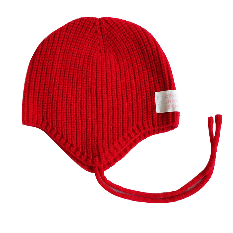 Chengwen Children's Hat New Boys and Girls with Rope Earmuffs Hat Fashion Trend Cloth Label Lace-up Knitted Woolen Cap