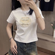 新中式浮雕刺绣高级感双排盘扣短袖T恤女2024夏季新款别致短上清