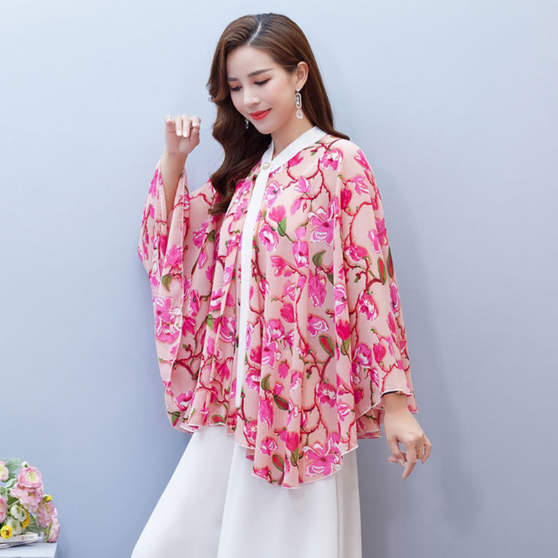 2022夏季新款雪纺防晒衫女宽松大斗篷披肩蝙蝠衫外搭披风开衫