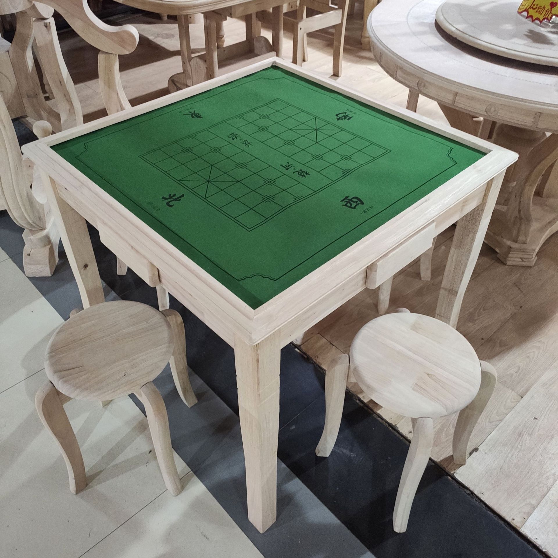 中式实木橡木餐桌四人家用棋牌桌麻将桌静音多功能白胚橡胶木