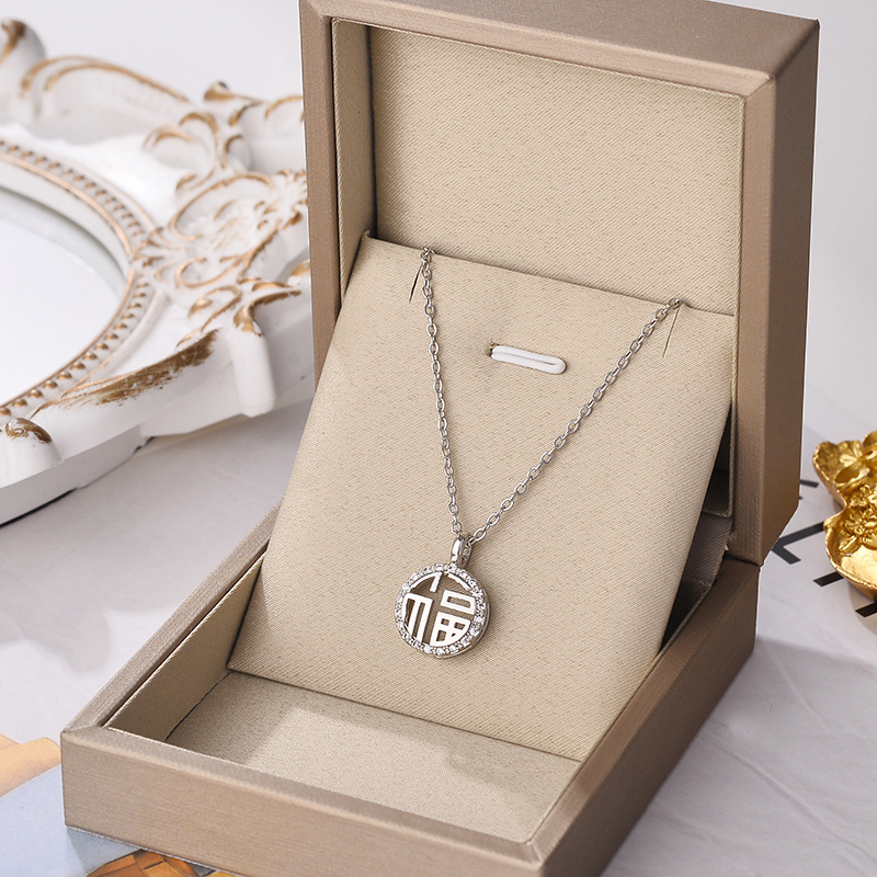 Titanium Steel Hollow Fu Character Full Diamond Gold High-End Pendant Titanium Steel Necklace Women's Non-Fading Fashionable All Match Jewelry Wholesale