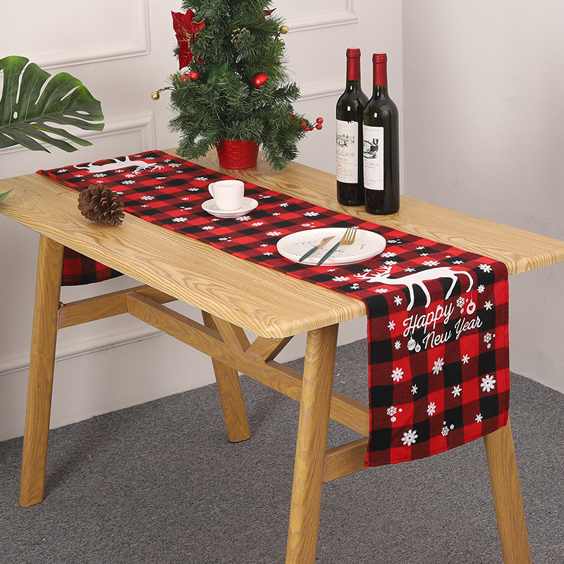 Cross-Border New Arrival Christmas Decoration Red and Black Checked Cloth Printed Table Runner Christmas Table Runner Holiday Home Christmas Placemat