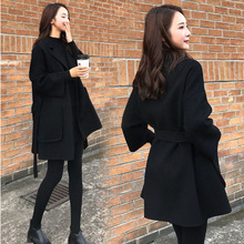 网红中长款小个子毛呢外套女学生春装季韩版系带收腰黑色呢子大衣