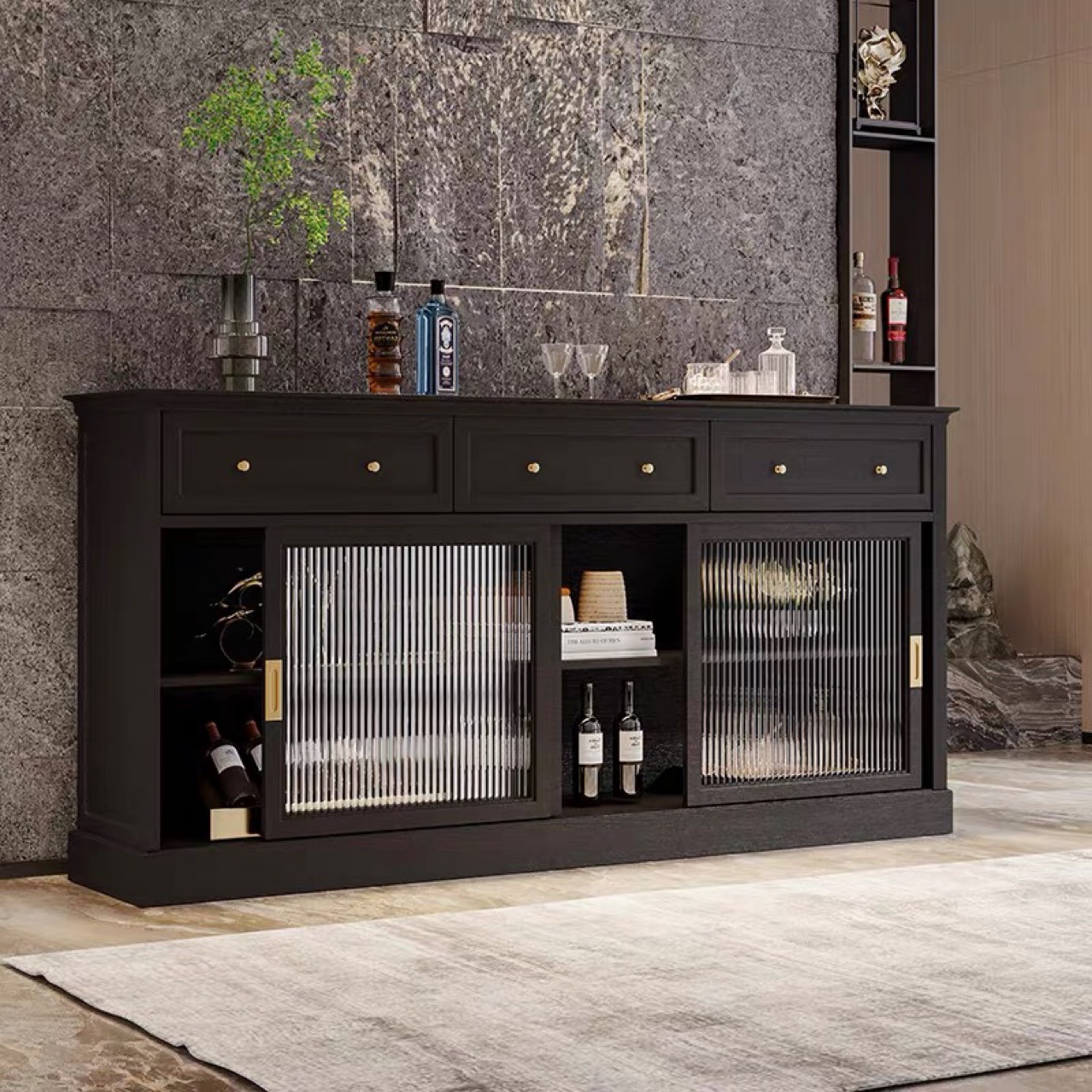 北欧白蜡木实木可高端酒柜入户玄关柜厨房边柜黑色马赫玻璃柜