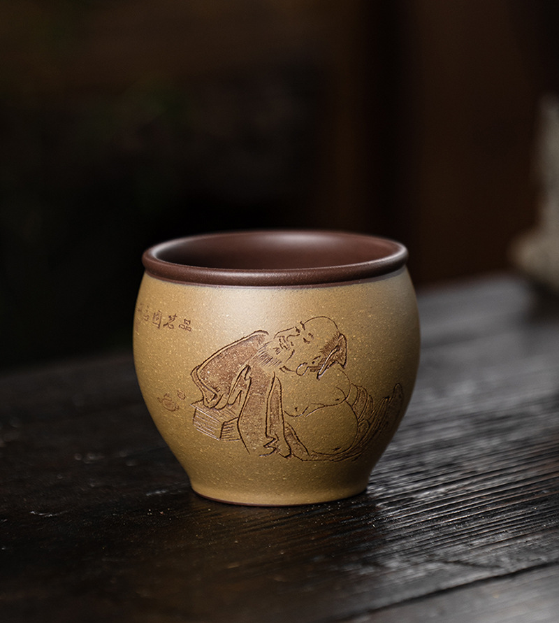 宜兴紫砂主人杯茶杯陶刻弥勒佛功夫品茗杯小口杯子茶碗代发混批