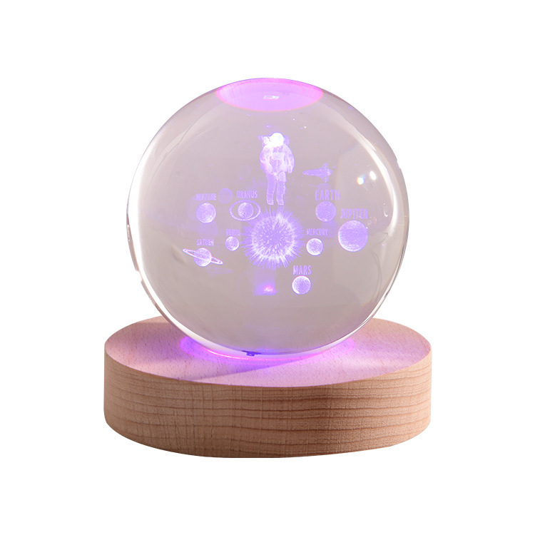 Starry Sky Astronaut Crystal Ball 3D Luminous Inner Carving Small Night Lamp Wooden Desktop Decoration for Girls and Students