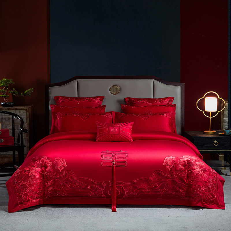 High-End Long-Staple Cotton Wedding Four-Piece Cotton Wedding and Wedding Room Match Sets Red Embroidery Bedding Wholesale