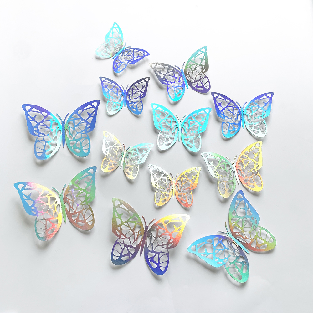 Foreign Trade 12 Pcs Colorful Silver Three-Dimensional Hollow Butterfly Stickers Artistic Home Party Wall Decorative Background Wall Sticker