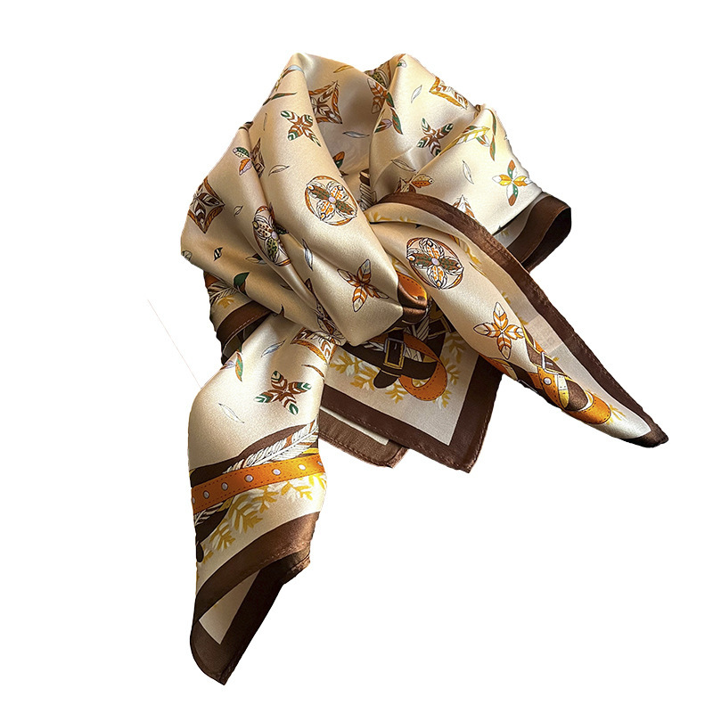 [Khaki Feather] Spring and Autumn New 70 Square Scarf Fashionable Stylish Silk Scarf Artificial Silk Square Scarf Versatile Thin Scarf