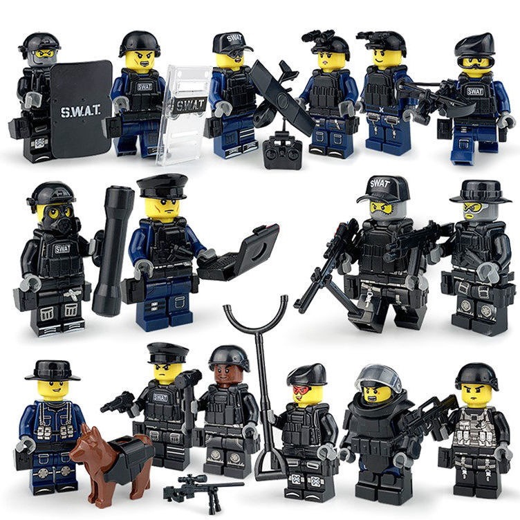 兼容乐高小颗粒人仔军事反恐特警警察武器人偶男孩女孩拼装积木