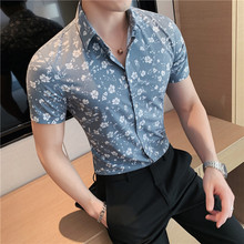 批发分销男士短袖花衬衫 修身韩版质感薄款时尚碎花半截袖衬衣男