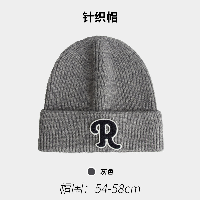 R Letter Knitted Hat Children Autumn and Winter Korean Style All-Matching Slipover Woolen Cap Japanese Style Thermal Earflaps Head-Wrapping Beanie Hat Men