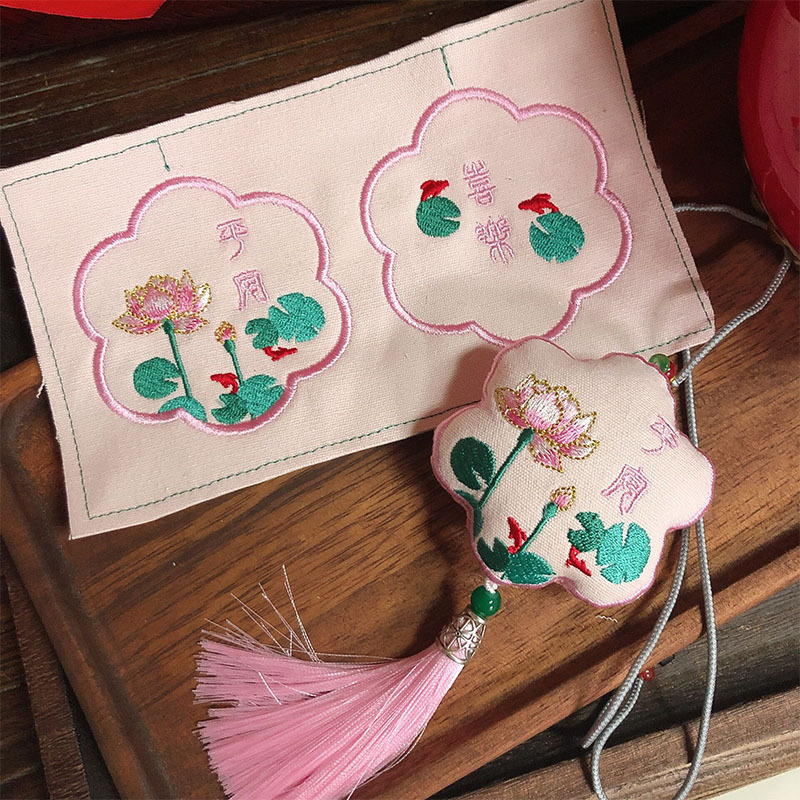 梵椿中国风绣花四季之夏至莲花荷花刺绣香囊荷包布料diy香包绣片
