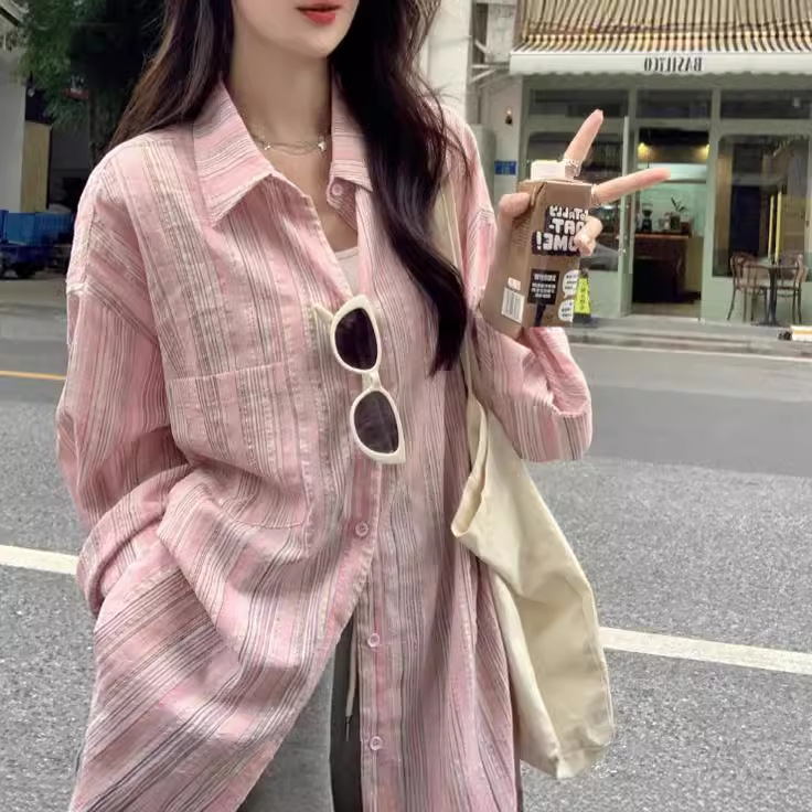 粉色条纹衬衫女夏季新款韩版通勤时尚女装上衣设计感小众薄款外套