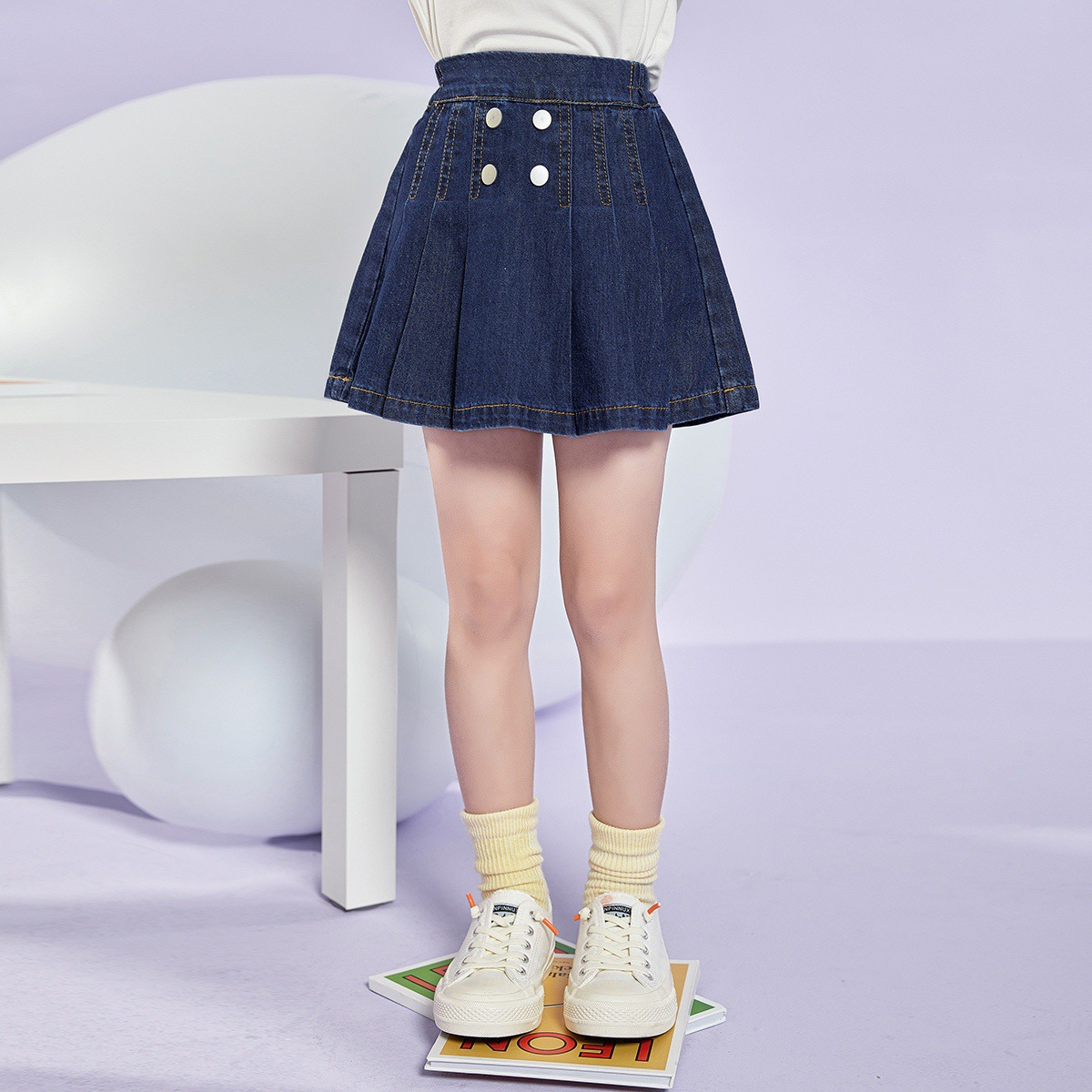 女童牛仔短裙夏季 儿童女宝中大童防走光百褶a字假两件裙裤迷你裙