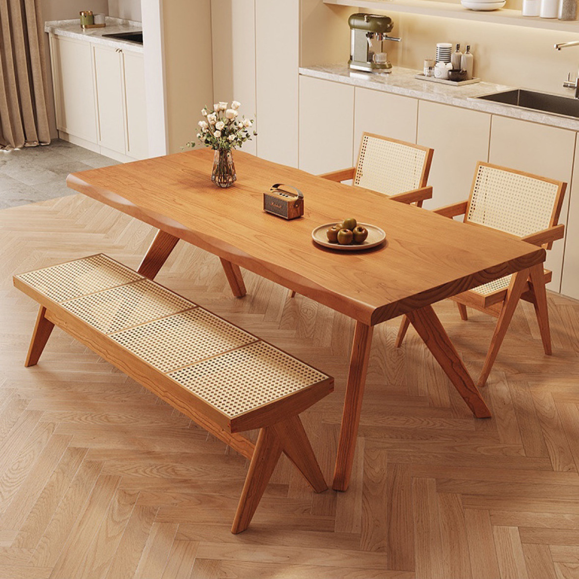 日式家用客厅全实木餐桌不规则鲸鱼餐桌椅组合大板长条原木吃饭桌