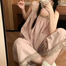 韩国ins女士夏季女 法式甜美少女蕾丝花边吊带长裤家居服睡衣套装