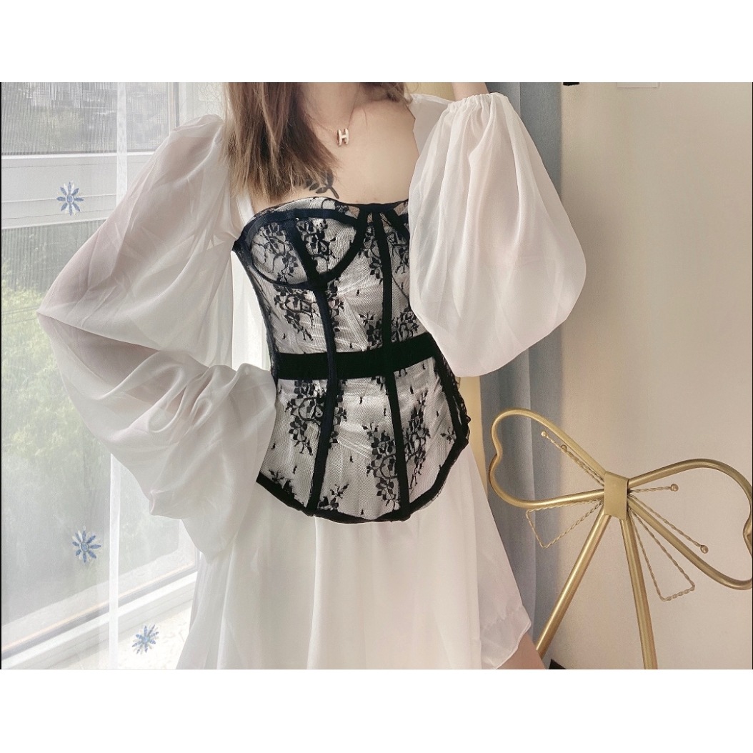 抹胸蕾丝上衣多穿塑身性感紧身胸衣时尚洋气白色灯笼袖法式连衣裙