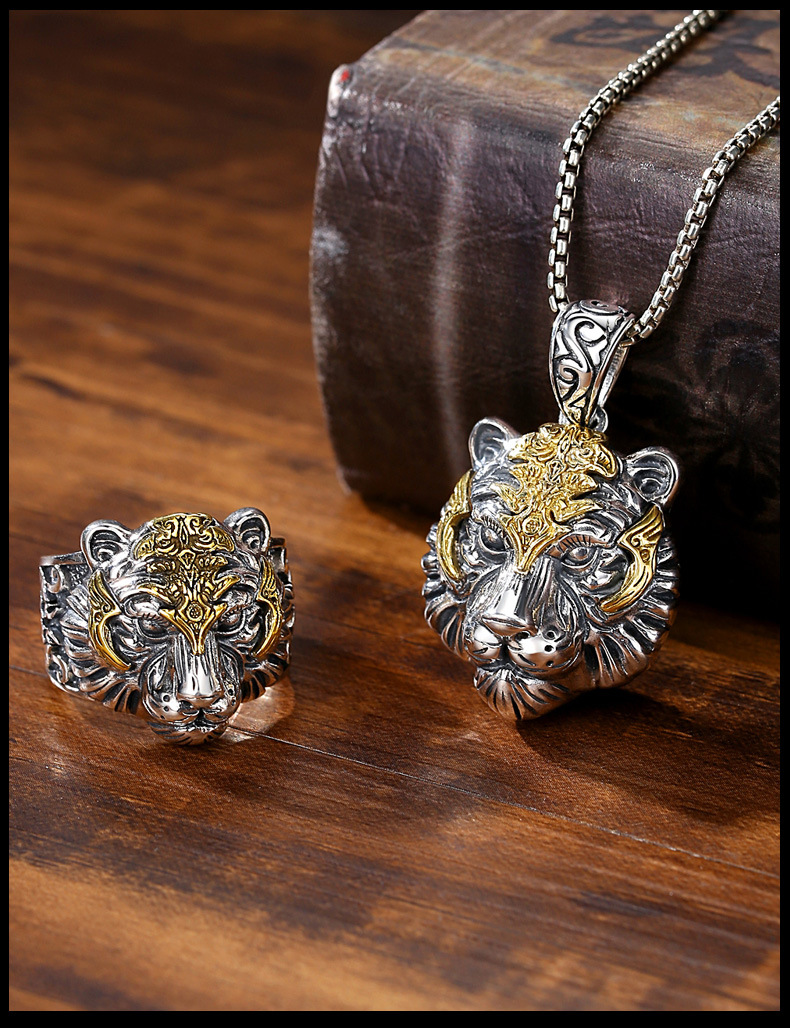 奢遇复古 925银虎头戒指男老虎男士潮活口可调节嘻哈个性大号霸气