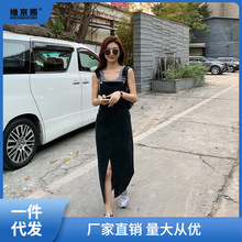 减龄气质设计感开叉牛仔背带裙女秋冬大码收腹显瘦中长款连衣裙子