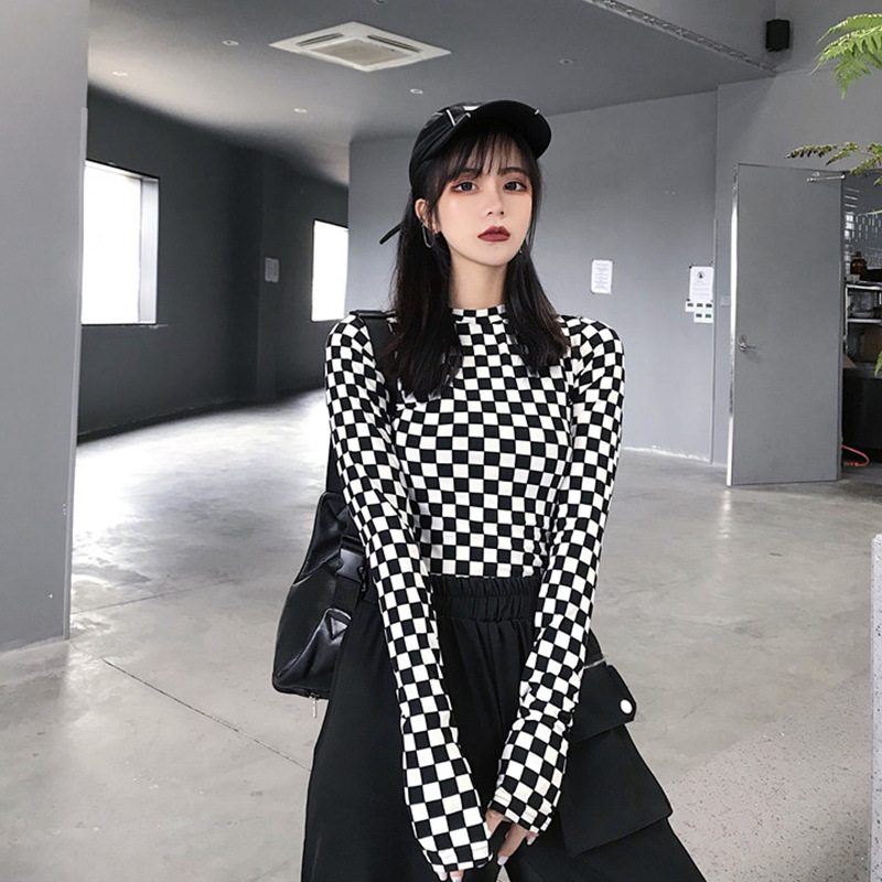 黑白格子t恤女图片