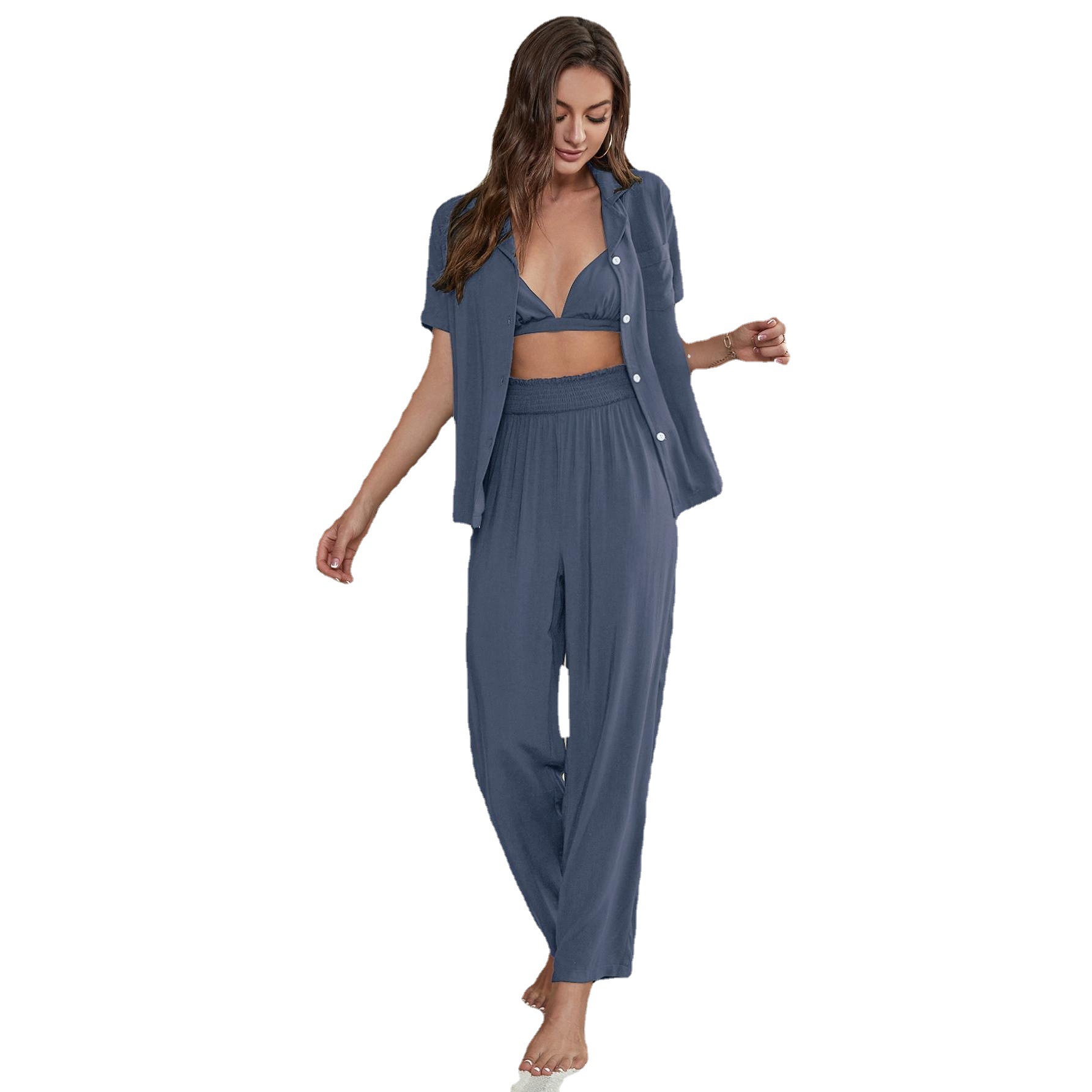 Cross-Border European and American Style Pajamas Women's Spring and Autumn Short Sleeve Cardigan Homewear Three-Piece Outer Wear Foreign Trade Amazon Independent Station