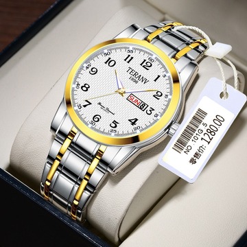 瑞士品牌中英文watch外贸数字男士日历手表时尚合金钢带防水夜光