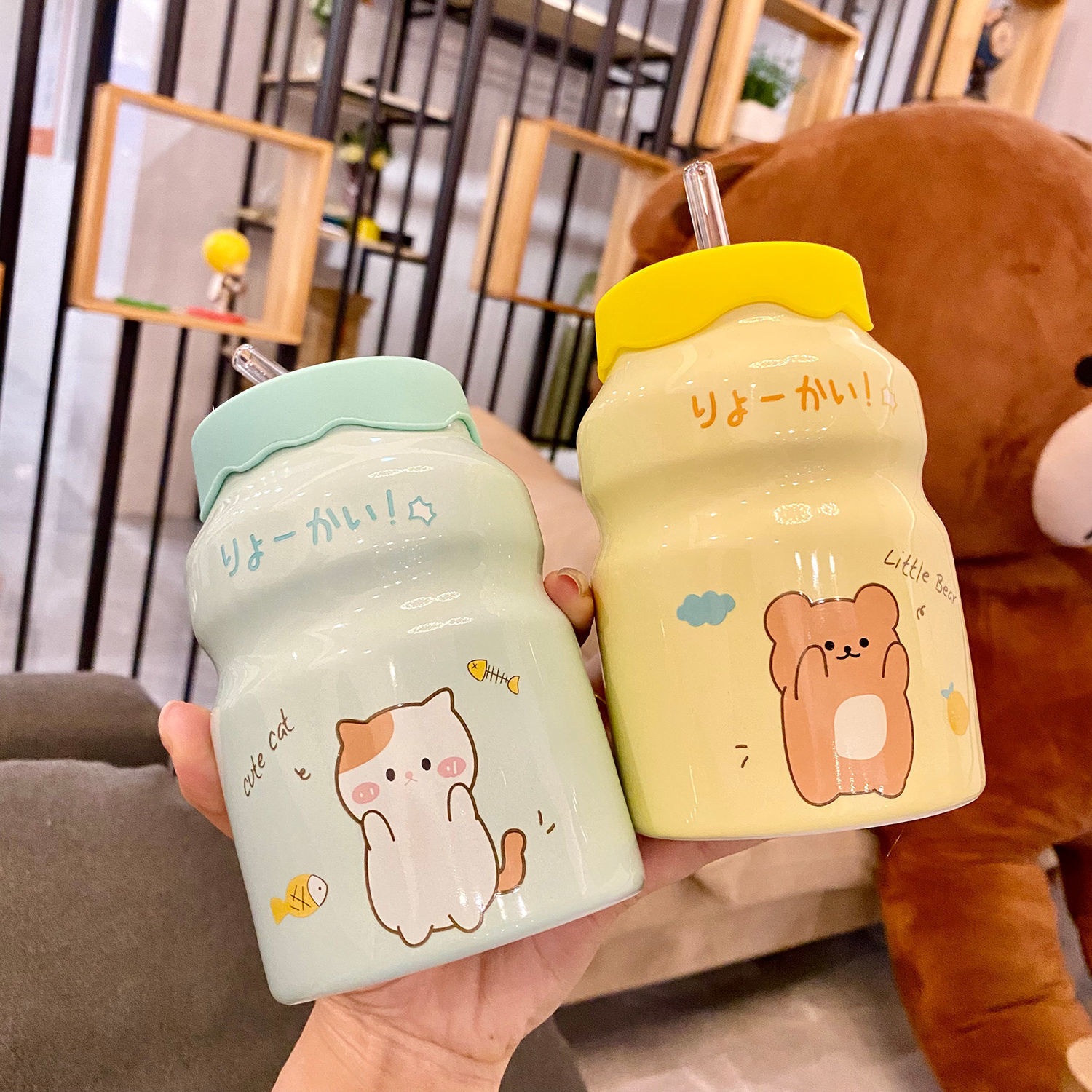 ins益力多水杯马克杯网红陶瓷杯带吸管可爱情侣杯牛奶咖啡杯子女