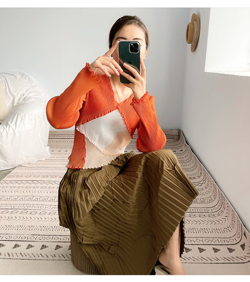 三宅褶皱上衣女长袖拼色独特设计感春秋装新款修身显瘦t恤打底衫