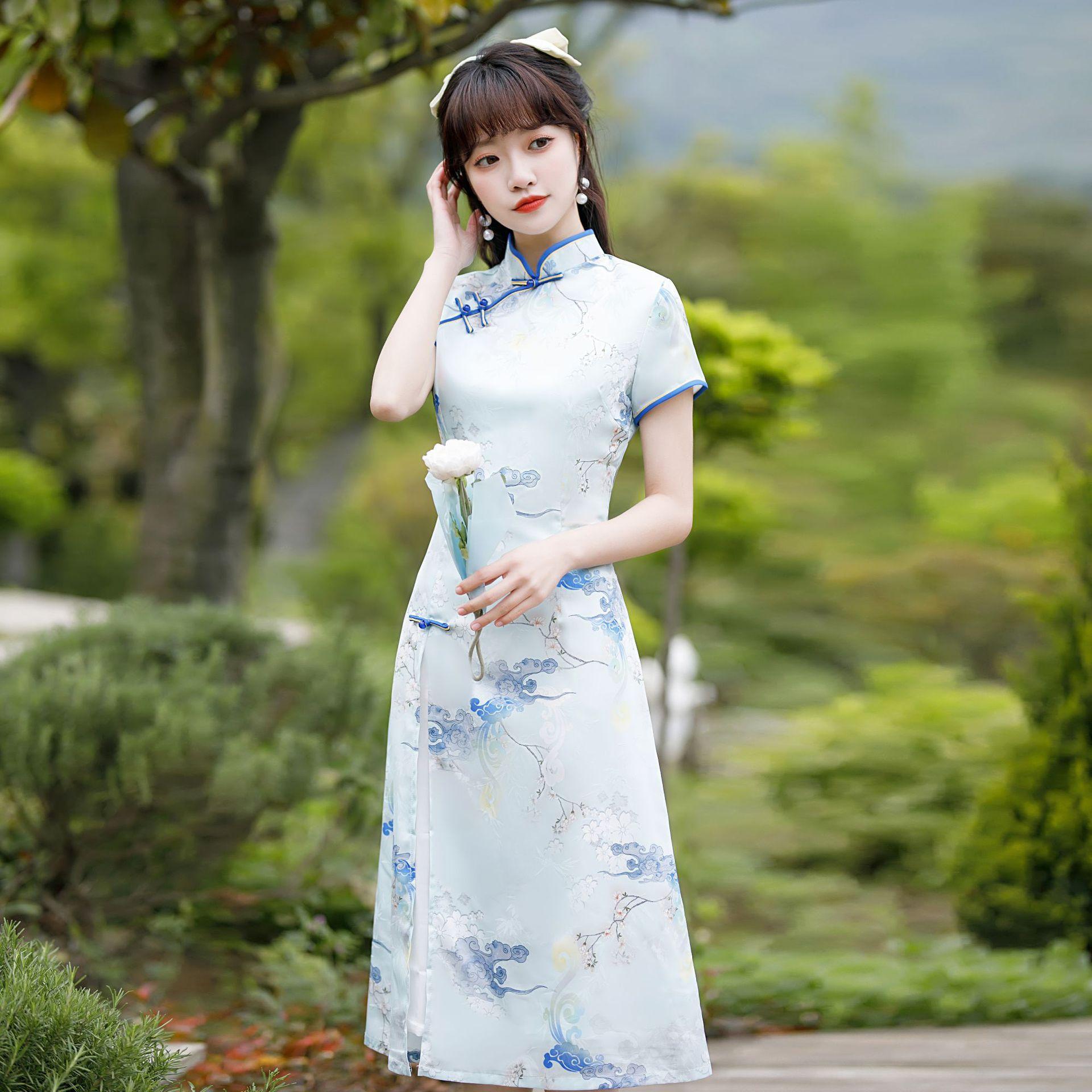 少女改良版素雅修身奥黛旗袍连衣裙女大码显瘦复古仿丝旗袍